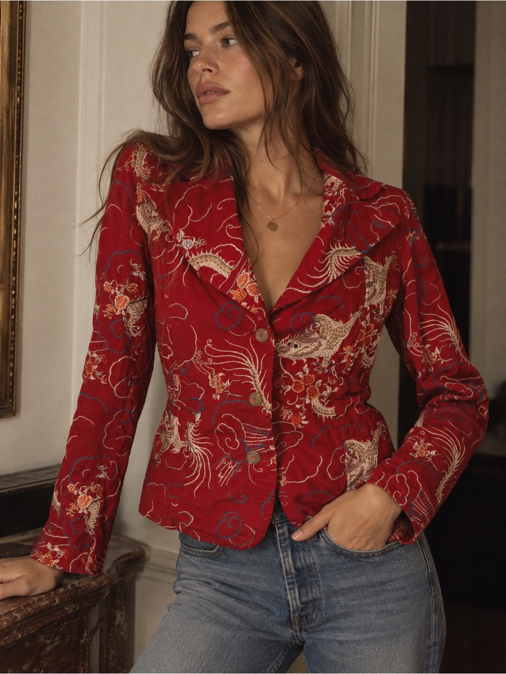 Vintage Johnny Was Embroidered Dragon Cotton Blazer